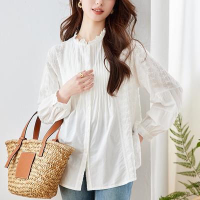 Вышитая белая рубашка для женщин с длинным рукавом, весенняя одежда, новый дизайн, плиссированные топы-аккордеон, рубашка с воротником-грибком