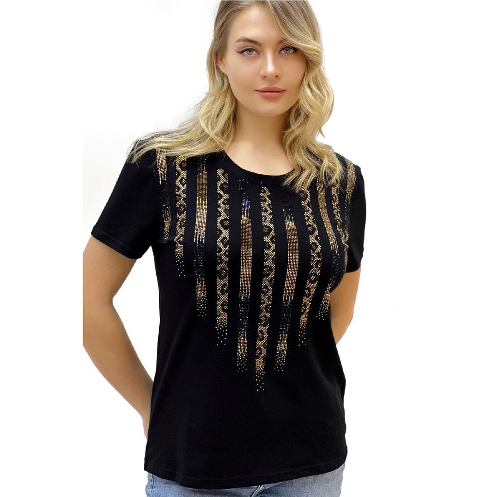Хлопковая черная женская футболка с коротким рукавом и круглым вырезом с леопардовым принтом и кристаллами больших размеров
