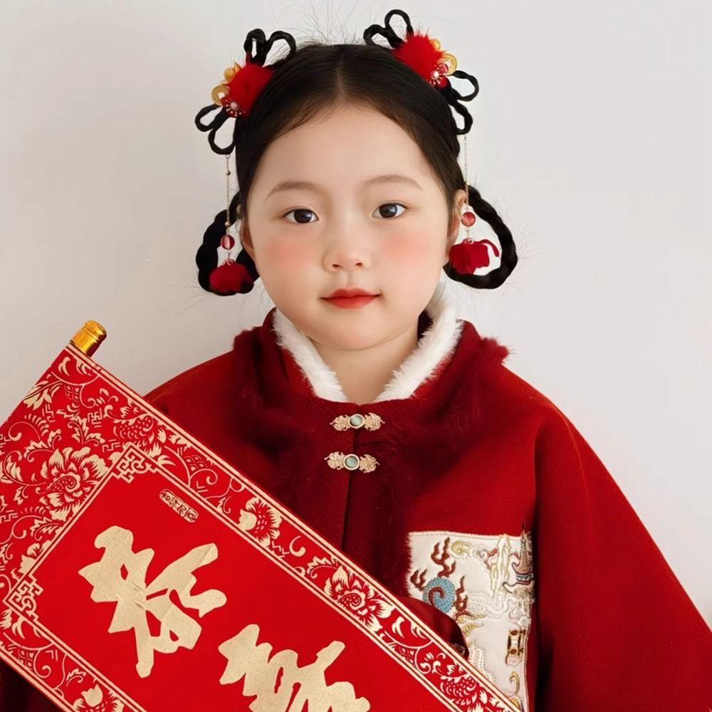 Braid Hair Children Wig Headband Flower Hanfu Hair Sticks Sweet Chinese New Year Headwear Baby