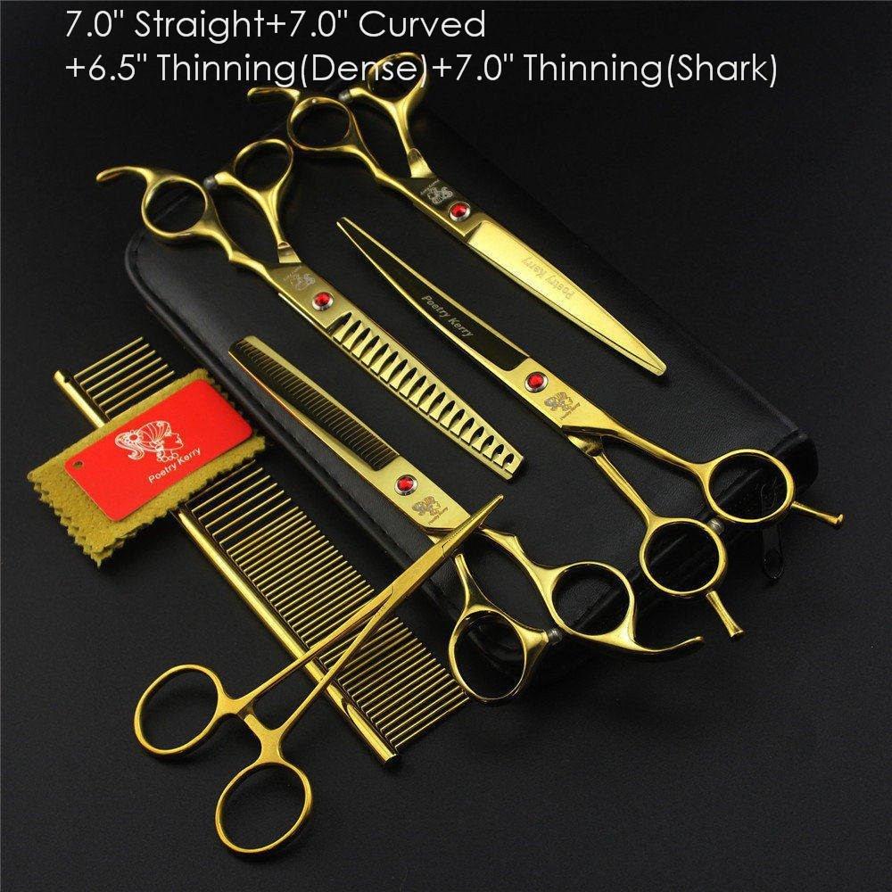 7.0" 8.0 Ch Profional Pet Scissors for Dog Groomg Straight & Thng & Curved Shears FeShark Teeth 4pcsSet +Comb Bag