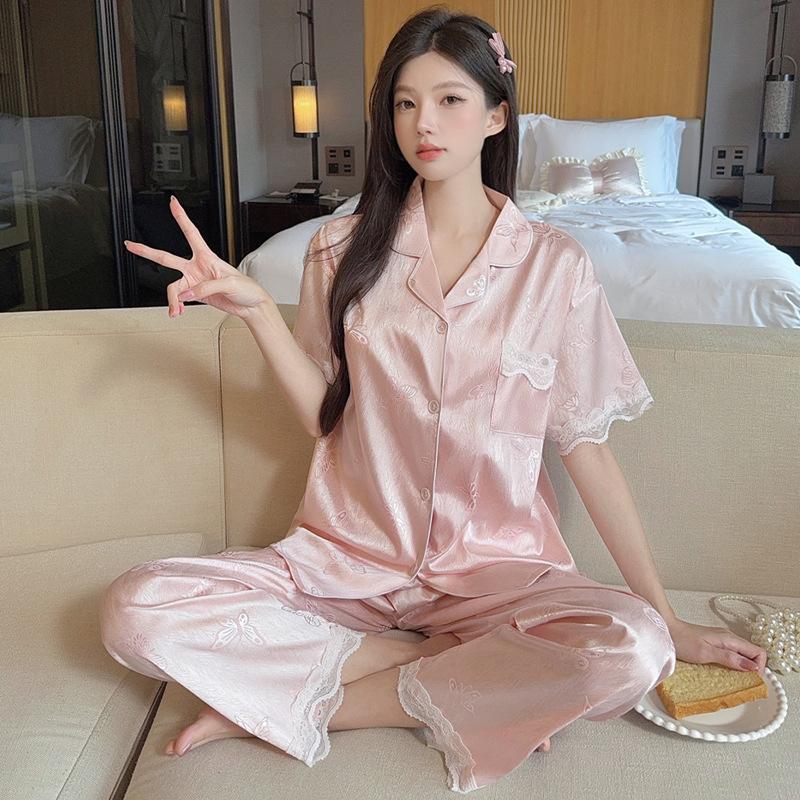 Ice Silk Pajamas Women'S Short-Sleeved Trousers Summer Silk Cute Kitten Jacquard Student Loungewear Set