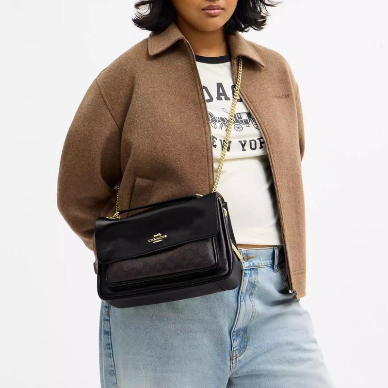 COACH Elodie 29 Crossbody Bag with Gold Hardware Signature Canvas and Smooth Glossy Cowhide Shoulder Bag Large Women's Walnut