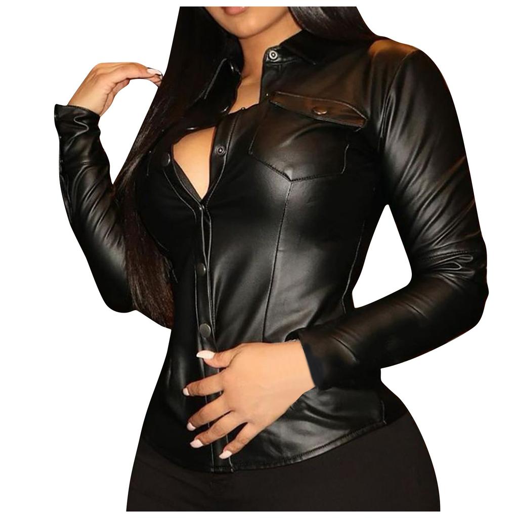 Женская кожаная рубашка с длинным рукавом, блузка с v-образным вырезом и лацканами на пуговицах, топ