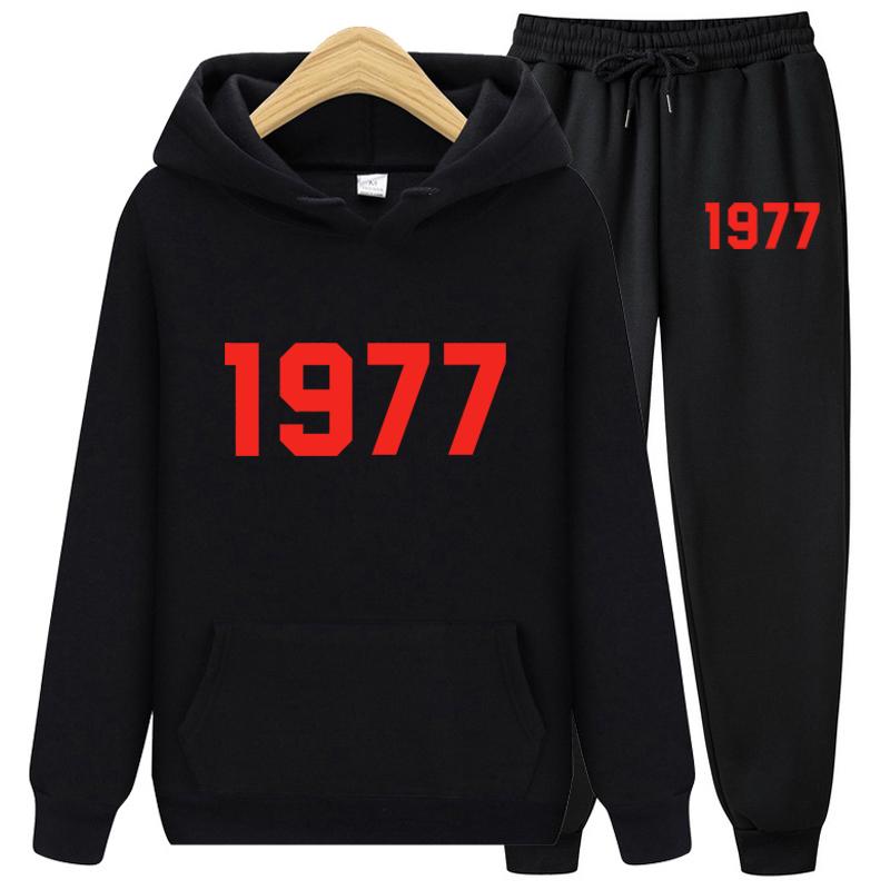 1977 Толстовка с капюшоном из двух частей Комплект с капюшоном Женская модная брендовая уличная свободная флисовая осенне-зимняя теплая толстовка с капюшоном + брюки Комплект