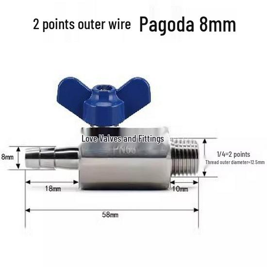 304 Stainless Steel Mini Ball Valve with Butterfly Handle, Internal/External Threads, High Pressure, 4-Way Pagoda Tube Connector.