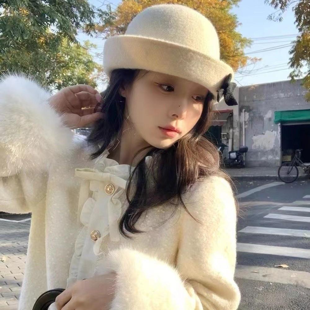 Solid Color Bow Bucket Cap Korean Style Women Bucket Hat Sweet Woolen Fishing Cap Streetwear