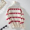 Vintage Heart Print Loose Knitwear Cardigan Stand Collar Sweater Long Sleeve Top for Autumn Winter