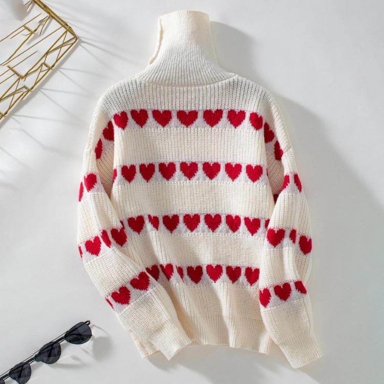 Vintage Heart Print Loose Knitwear Cardigan Stand Collar Sweater Long Sleeve Top for Autumn Winter