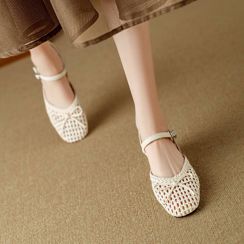 Krazing Pot Микрофибра Плетение Летний Размер 41 Средний Каблук Слингбэк Вечерние Туфли Женские Квадратный Носок Бант Гладиаторские С Вырезами Лодочки