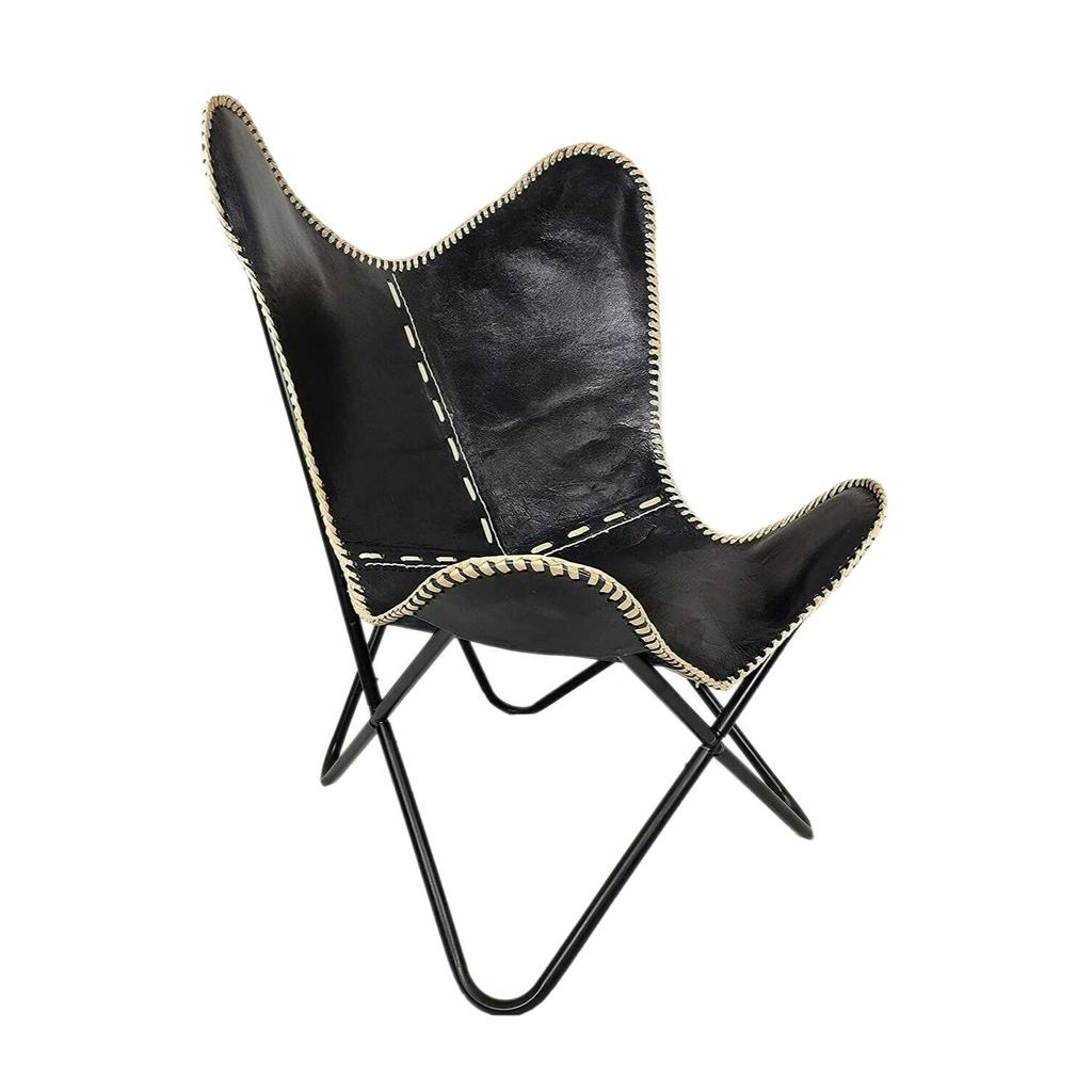 Black Leather Vintage Relax Arm Butterfly Chair Folding Seat Modern Sling Lounge