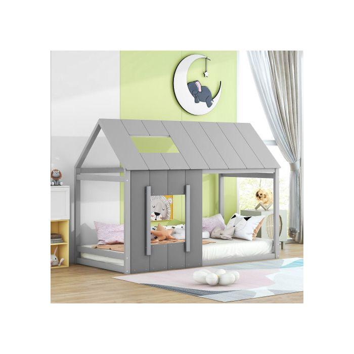 Lit d'enfant - MUVOE - 90 x 200 cm - Gris foncé + gris clair - Maison avec toit et fenêtre - Montage facile