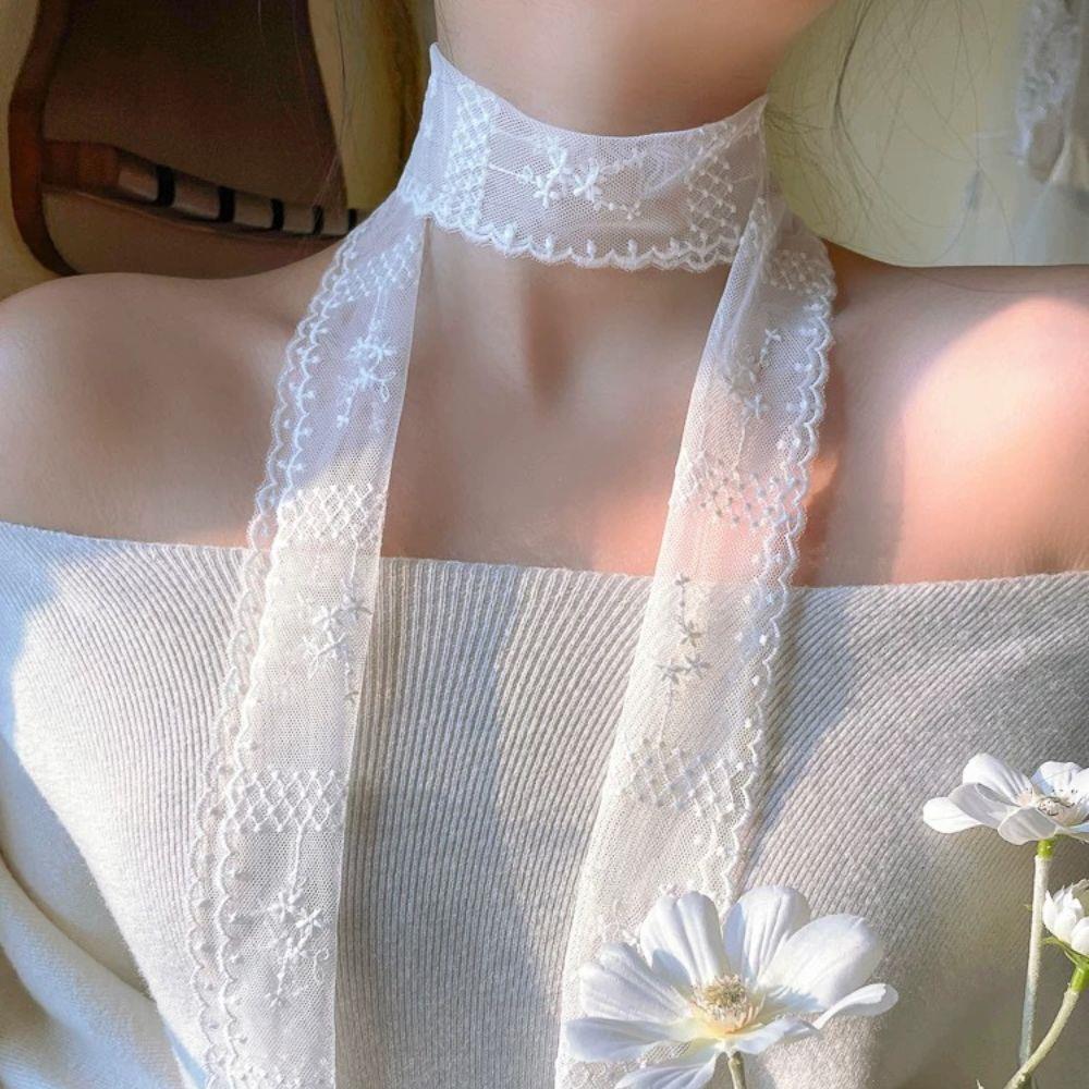 White Flower Lace Decorative Thin Scarf 150cm Skinny Scarf Women Y2K Long Narrow Lace Hollow Scarf Vintage Lace Trim Headband