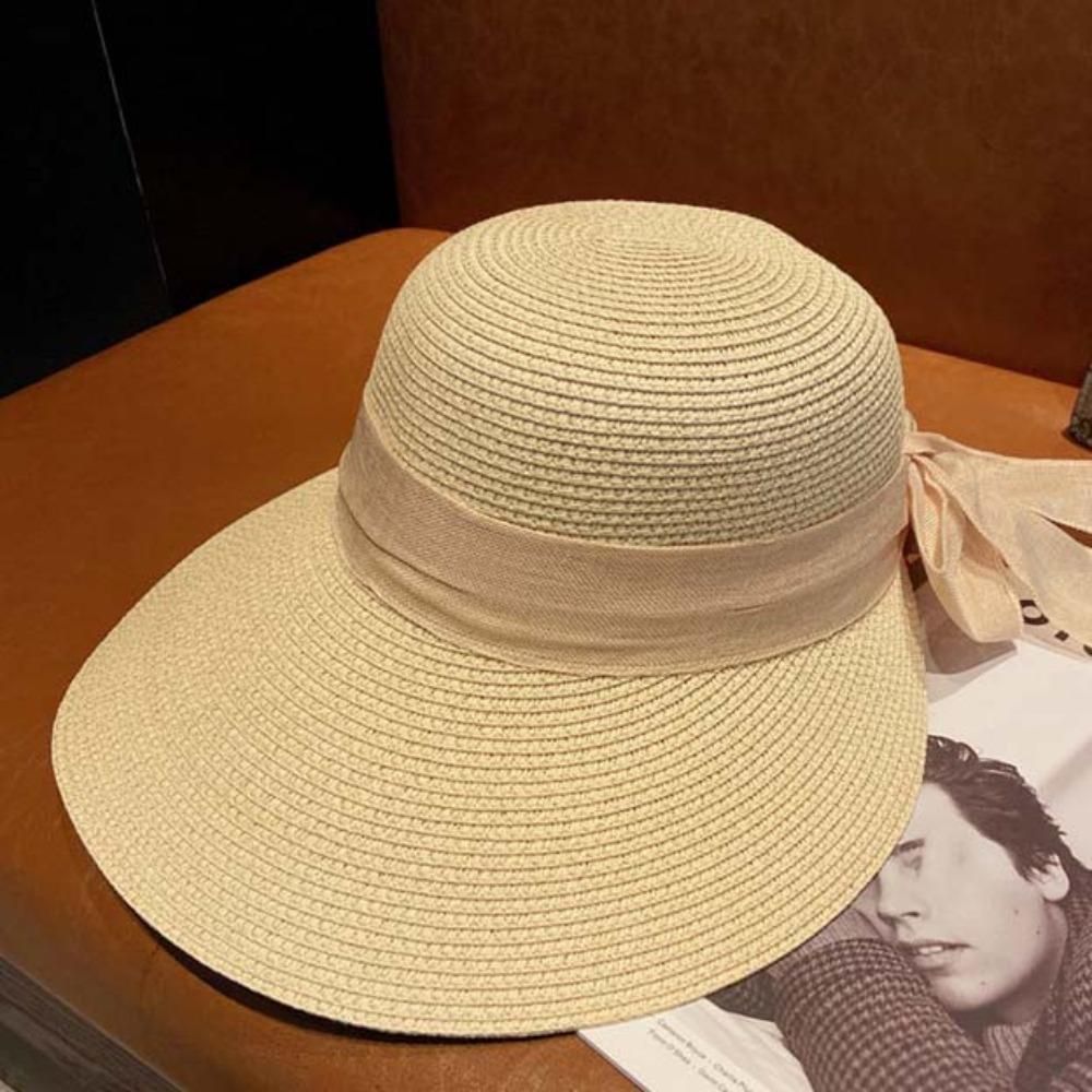 Hollow Out Straw Weaving Beach Hat Breathable Foldable Bucket Hat Bow Fisherman Cap Spring