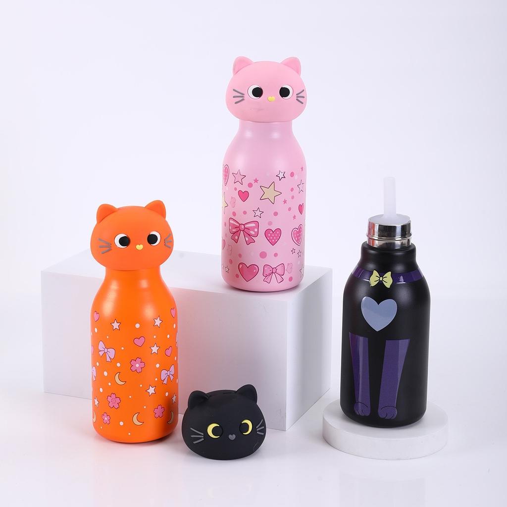 Insulated Stainless Steel Water Bottle with Cat Detachable Soft Head Cartoon Cat Shaped Thermos Bottle With Straw For Kids