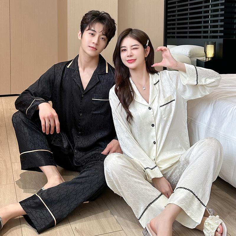 R Full Version Light Luxury Jacquard Silk Couple Pajamas - Autumn/Winter Long Sleeve French Homewear
