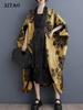 Bat Wing Sleeve Trench Flowers Women Yellow Patchwork Vintage Loose Coat DMJ3790