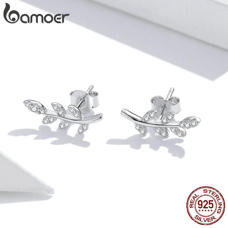 BAMOER Authentic 925 Sterling Silver Spring Leaf Leaves Clear CZ Zircon Stud Earrings for Women Fashion Earrings Jewelry BSE031