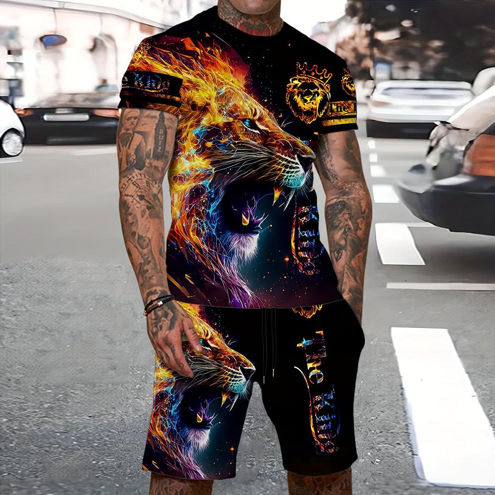 Мужской летний комплект из двух частей: футболка с коротким рукавом с 3D-принтом и шорты на шнурке, пляжные шорты, спортивный комплект для тренировок и фитнеса