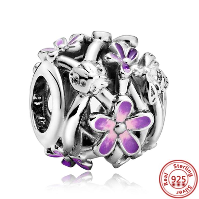 100% S925 Серебристый Фиолетовый Розовый Бабочка Цветы Клевер Сердце Модные Бусы Подходит Оригинальные Подвески Браслет Женщины Изящные Ювелирные Изделия