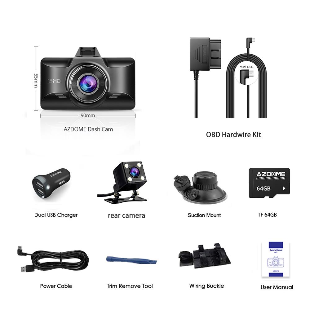 Автомобильный видеорегистратор AZDOME M01 Pro с 2 камерами переднего и заднего вида, разрешение 1080P, 3-дюймовый IPS-экран с картой памяти 64 ГБ, ночное видение, ADAS G-сенсор, круглосуточный режим парковки
