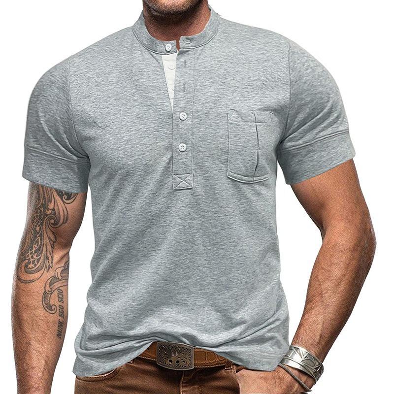 Men Black Stand Collar Henley Neck Short Sleeve T Shirt With Chest Pocket Casual Summer