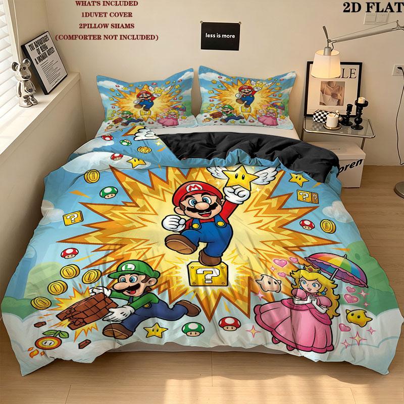 Super Mario Pattern Bedding Quilt Set Quilt Cover Pillowcase Home Birthday Gift(1 * duvet cover + 2 * pillowcase, without core)