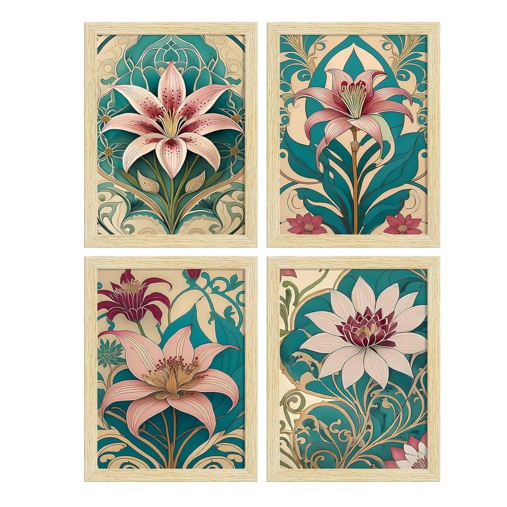 Бумажные цветы лилии, ботанические картины с рамкой для домашнего декора, настенная живопись для гостиной, многоцветная, набор из 4 шт.