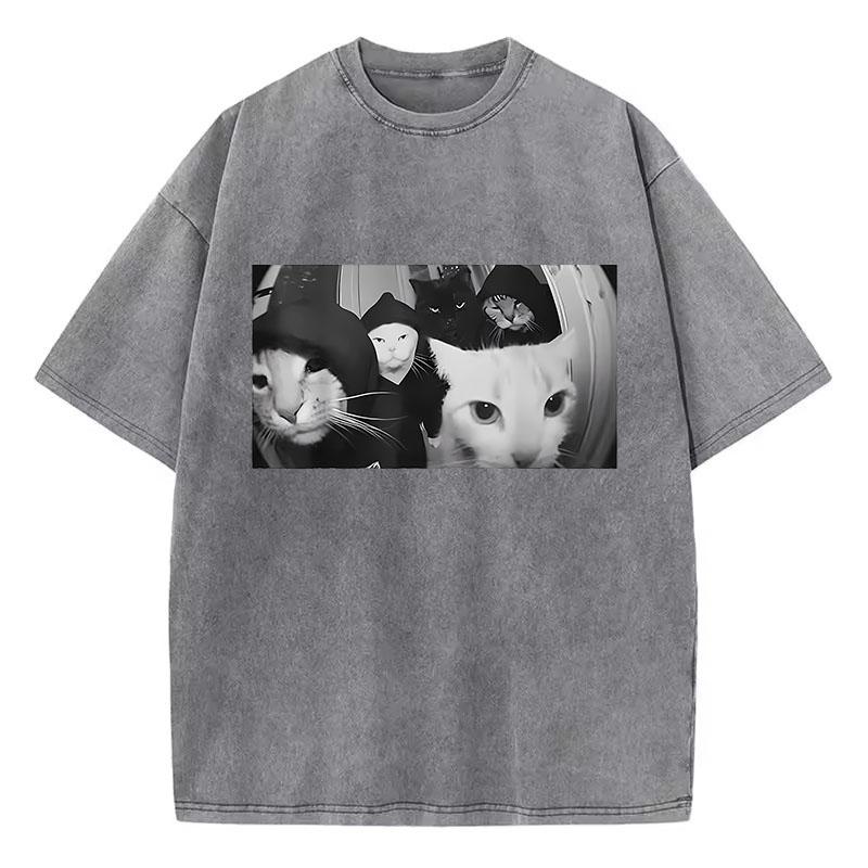 Модная Футболка Винтажная Стиранная Хлопковая Футболка Streetwear Кот Курящий Графическая Футболка Повседневная Streetwear Весна Лето