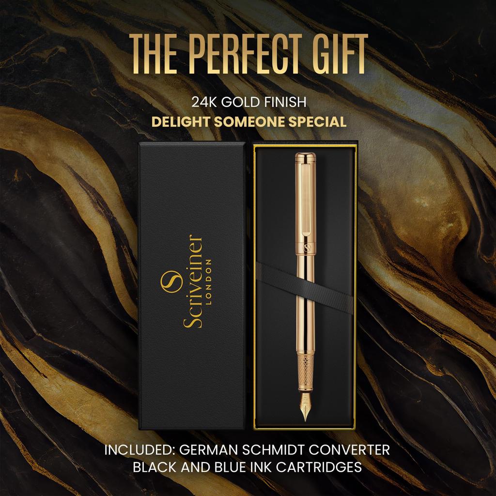 Scriveiner Finest Premium Fountain Pen Attractive Beauty 24K Gold Finish Schmidt 18K Gold Plated Nib Suitable for Men and Women Professional Executive