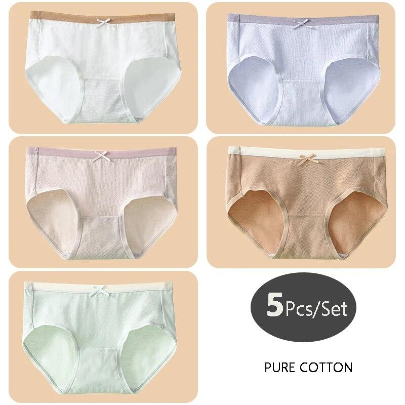 5Pcs/Set Cotton Women Panties Breathable Underwear Cute Bow Girls Briefs Low Waist Underpants