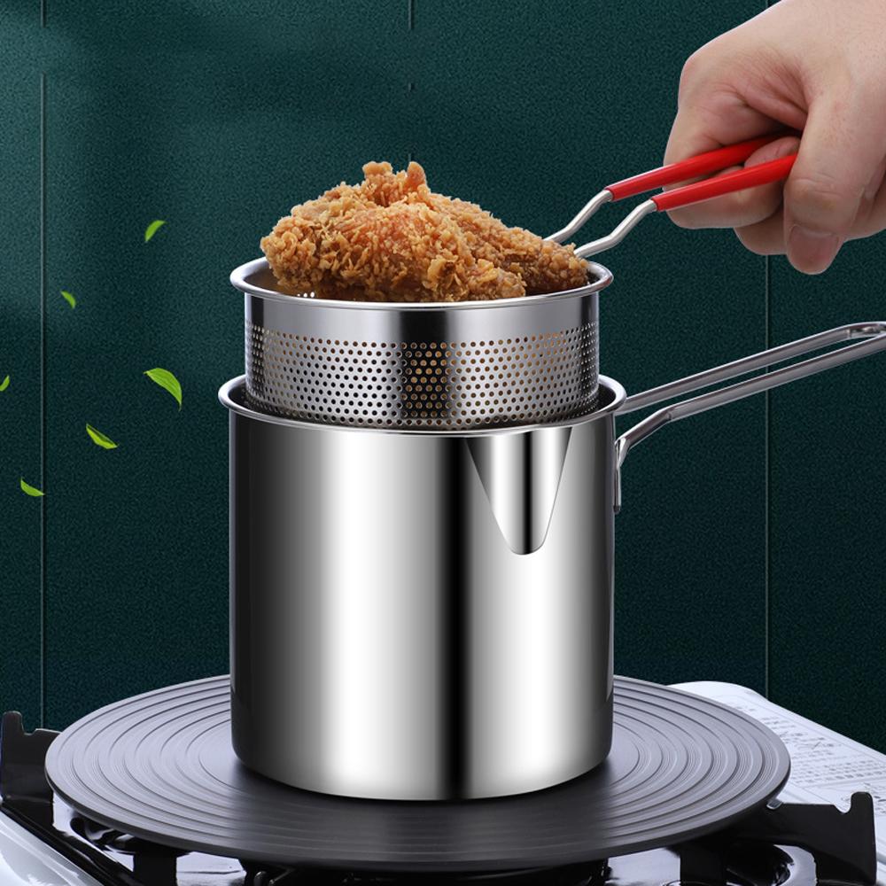 Small Deep Fryer for Home Use 1L/0.35GAL Stainless Steel Milk Steamer Frying Pot With Basket