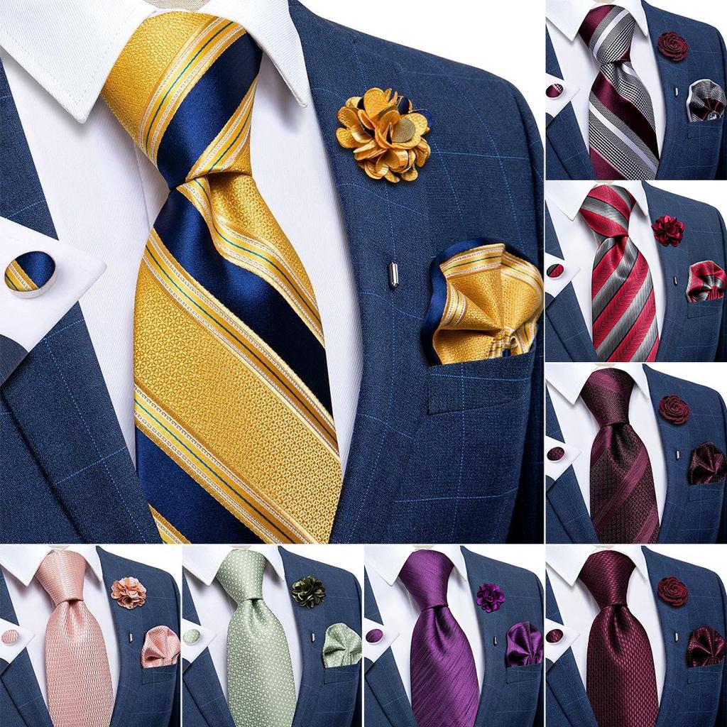 Classic 8.5cm Necktie Set for Men Striped Tie Silk Tie With Brooch Pin Hanky Cufflink Business Party