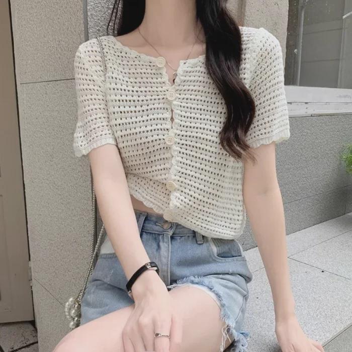 Женский ажурный трикотажный кардиган - короткий рукав, сетка, топ-шаль, солнцезащитный стиль весна/лето 2023 г.