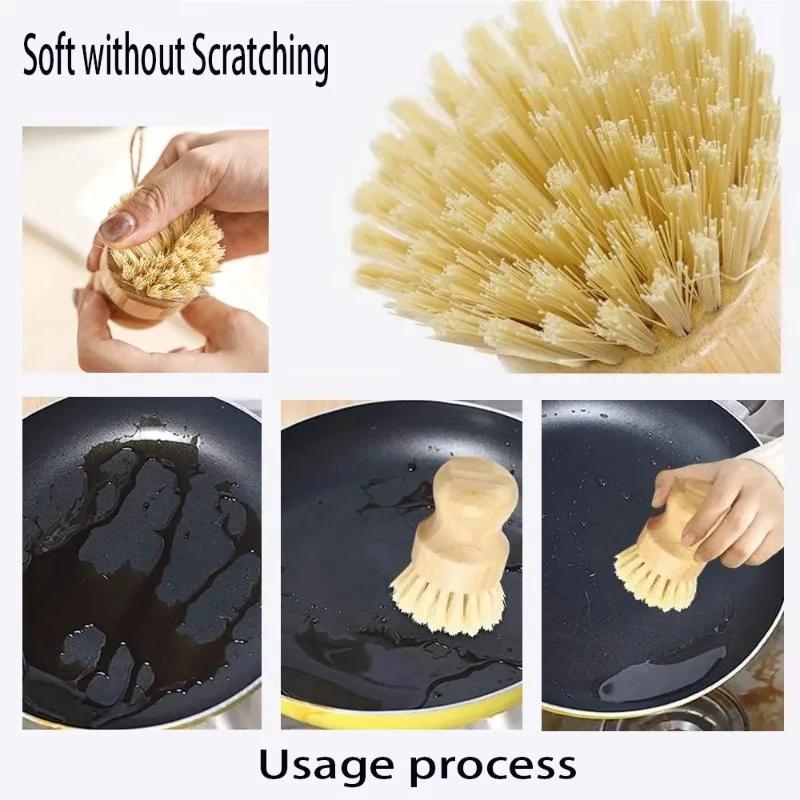 Bamboo Dishwashing Brush Natural Sisal Wooden Handle High Density Bristles for Cast Iron Pans Pots Dishes Fruits Vegetables Clea