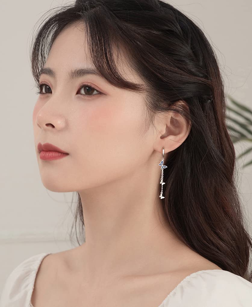 Серьги-кольца в форме бабочки SLUYNZ из стерлингового серебра 925 пробы с кисточками для женщин и подростков, для девочек, с фианитами и цепочкой