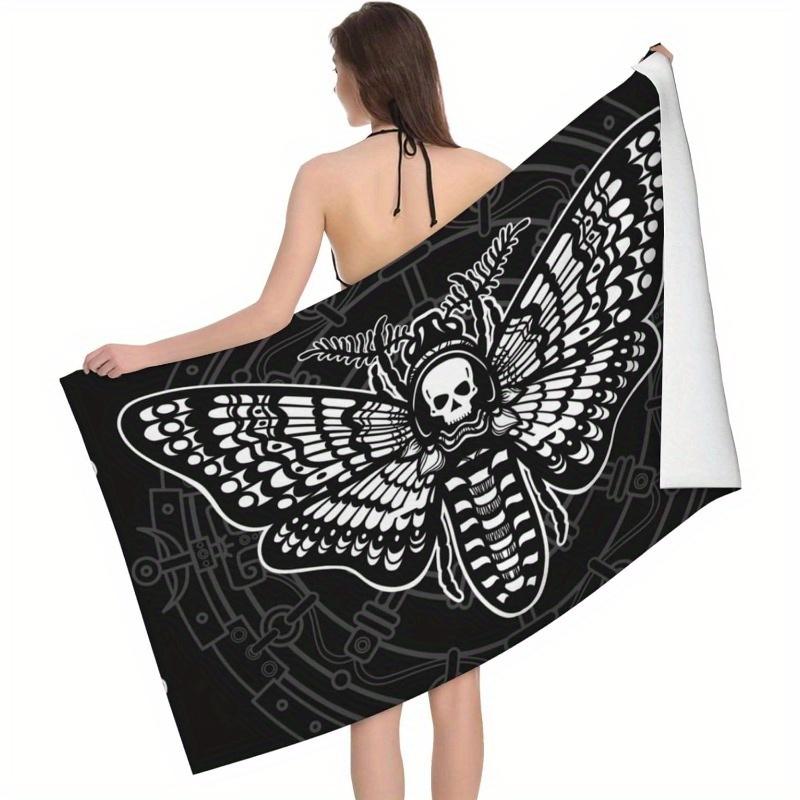 Пляжное полотенце «Готический череп и мотылек», Черно-белый, Мягкий полиэстер, для спорта, спа, йоги, отеля, спортзала