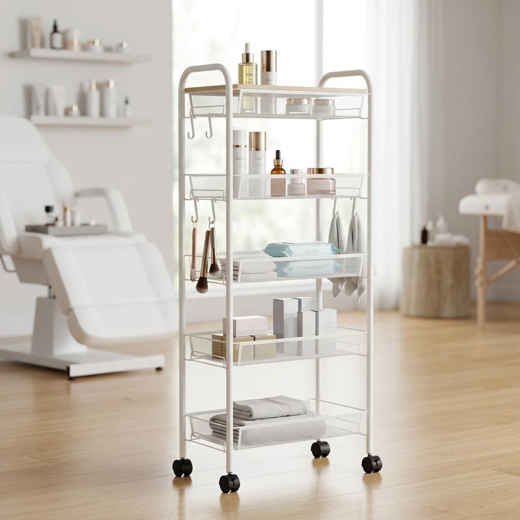 Hairdressing Trolley Cosmetic Spa For Salon Shelves Mobile Shelf On Wheels For Salon White