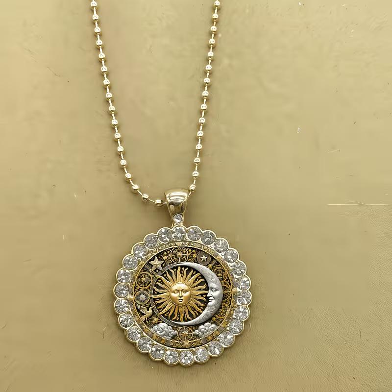Retro Gold Geometric Sun and Moon Pendant Necklace for Women, Suitable for Daily Parties and Dances in All Seasons