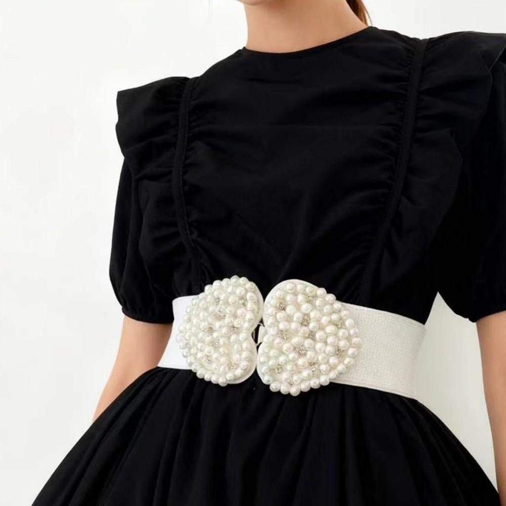 Buckle Pearl Elastic Waistband Heart-shaped Wide Waistband Lovely Stretch Belt Matching Dress