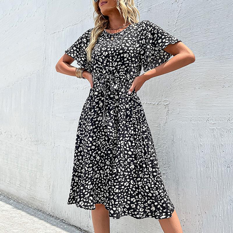 YYFS Women's Fashion Summer Spring Floral Print Short Sleeve O-Neck Casual Dresses