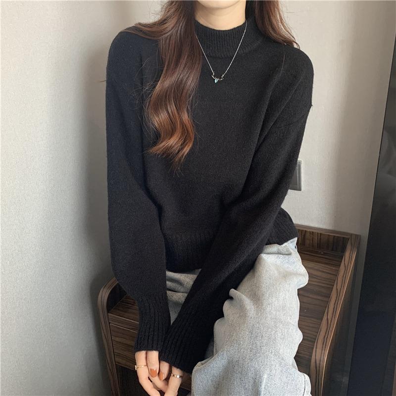2023 Autumn/Winter Women's Korean Style Solid Color Half High Neck Short Knit Sweater - Stylish Base Layer