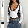 Y2K Ladies Autumn Winter Long Sleeve Deep V Neck Lacework Solid Color Slim Fit Pullover T Shirt Crop Top