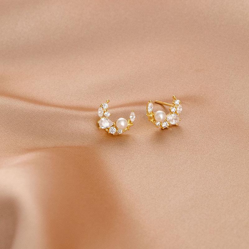 Banyan Tree S925 Silver Zircon Crescent Moon Earrings for Women - Korean Geometric Design