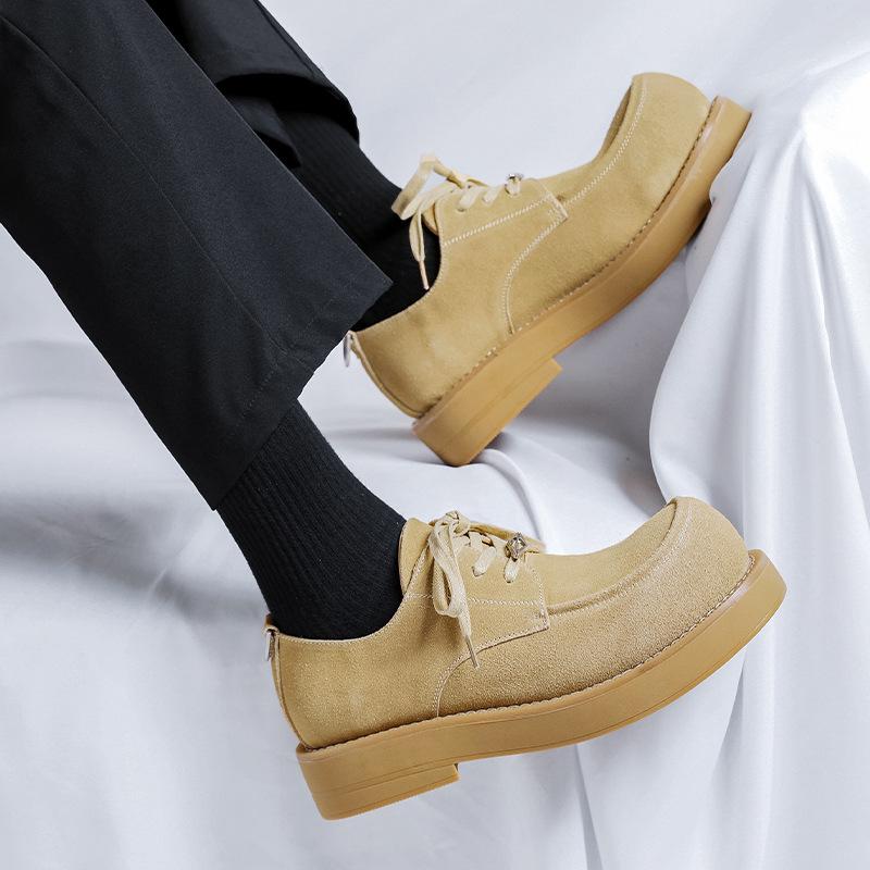 Big Head Leather Shoes Men's Anti-velvet Low-top Rhubarb Boots Thick-soled Heightening British Style High-end Derby Shoes 24331-R