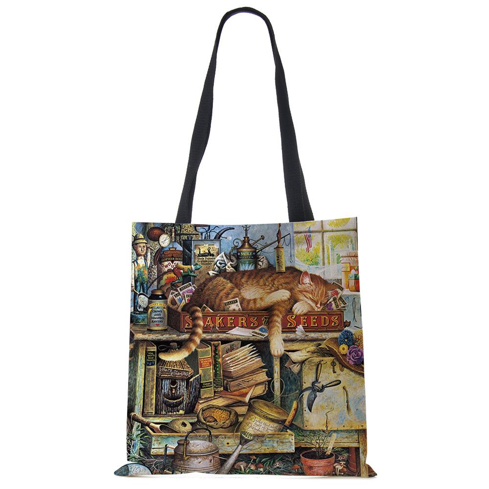 Женские дизайнерские большие сумки с принтом кота на заказ, льняная многоразовая сумка для покупок, сумки на плечо для женщин, 2020