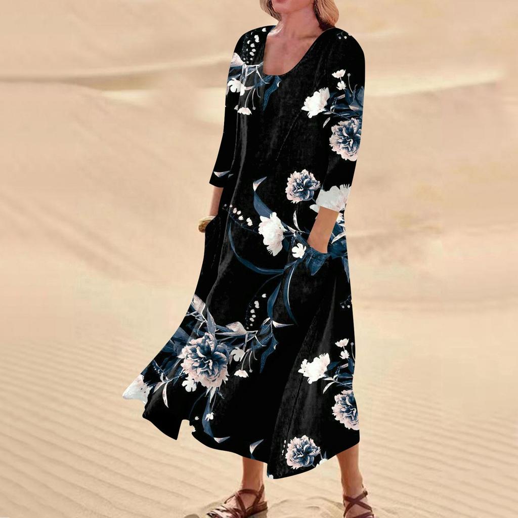 Женское повседневное удобное хлопковое карманное платье с цветочным принтом и рукавами три четверти