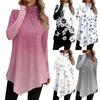 Casual Fashion Print Shirt Tops High Neck Irregular Hem Long Sleeve Pullover Tops