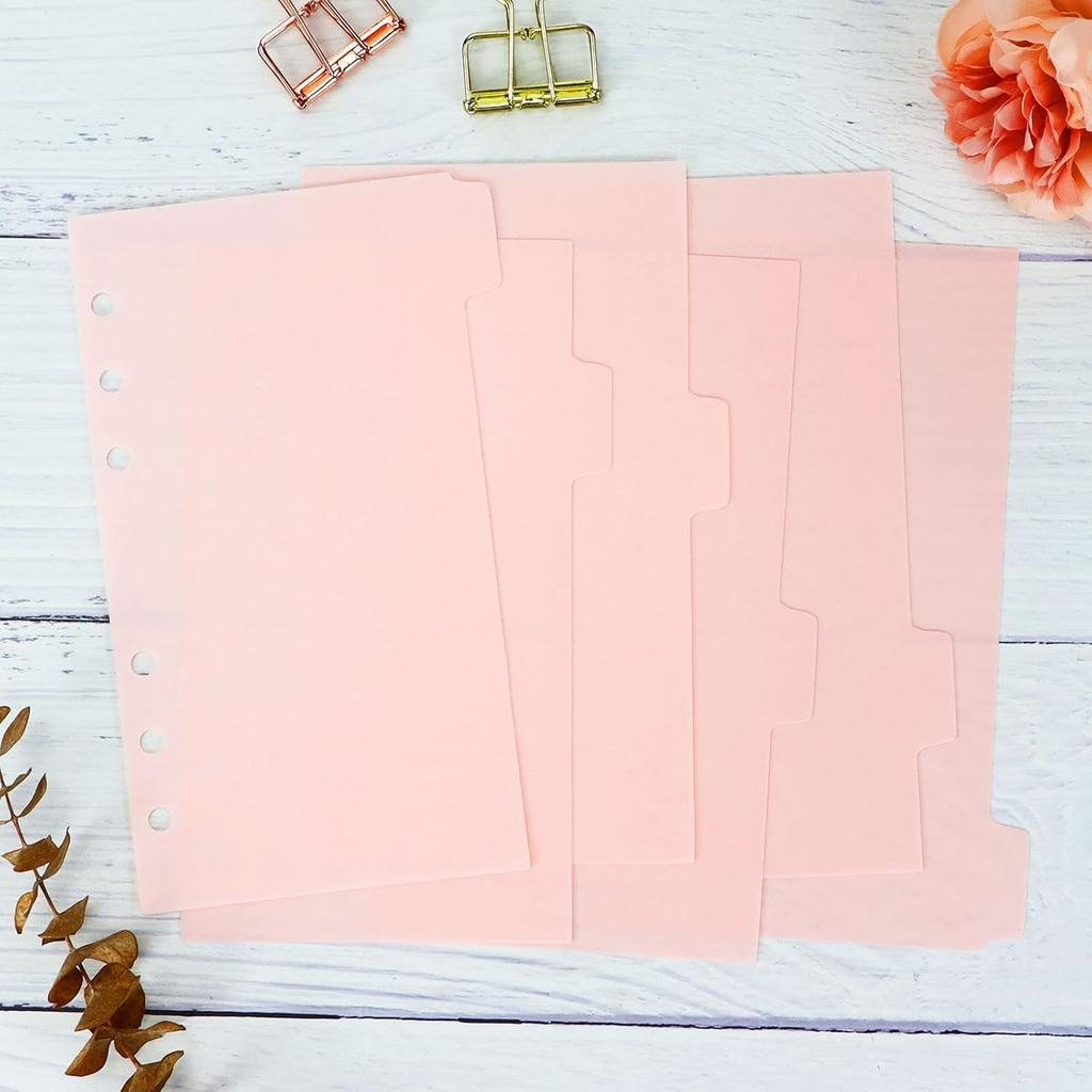 Personal A6 Dividers 6 Hole Transparent Binder Index Page Dividers with Tabs Plastic Tab Dividers with Stickers for Binders, Planner, Agenda (Pink -