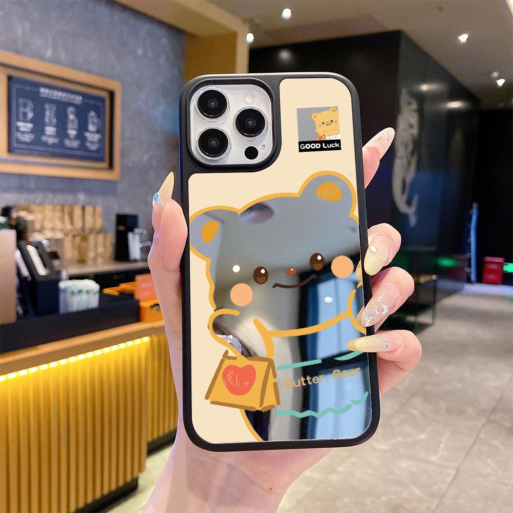 Забавный чехол для телефона iPhone 14/15promax с изображением масляного медведя и зеркалом, противоударный защитный чехол