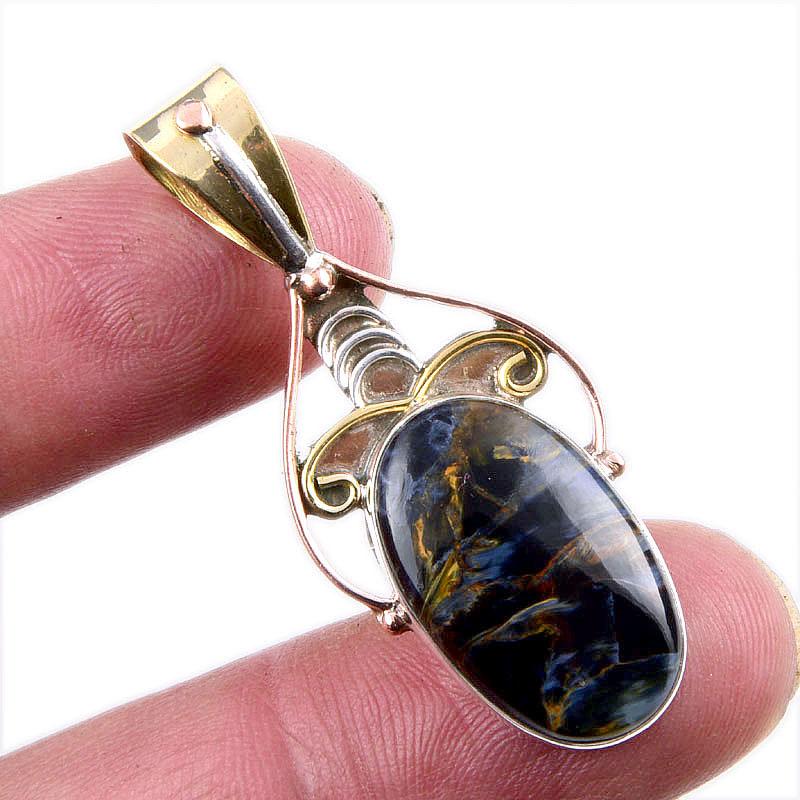 Natural Pietersite Gemstone 925 Solid Sterling Silver TwoTone Pendant 1.75" p4Y25